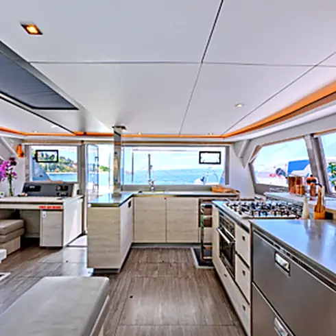 Bright, airy saloon and galley aboard Lady Amanda